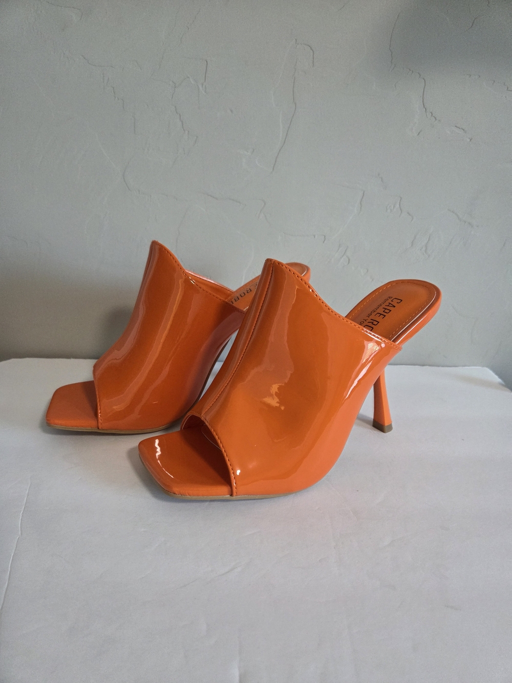 Neon Orange Patent Slide Mule Heels Square Toe Stiletto Size 6